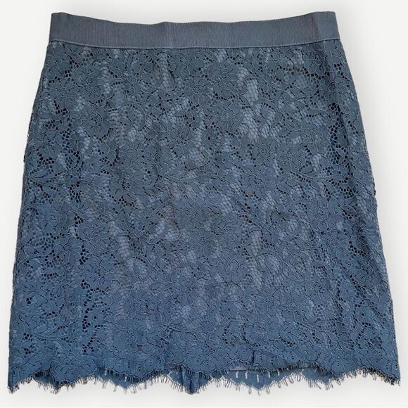 LOFT Black Lace Lined Stretch Waist Asymmetrical Scallop Hem Mini Skirt. 6. - Picture 1 of 7